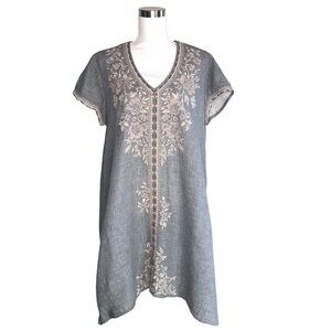 JOHNNY WAS WORKSHOP Grey Embroidered Tunic Mini Dress Size XL Boho Cotton
